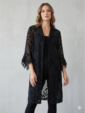HBS Collection Woman Black Sheer Leaf-Print Open Front Cardy